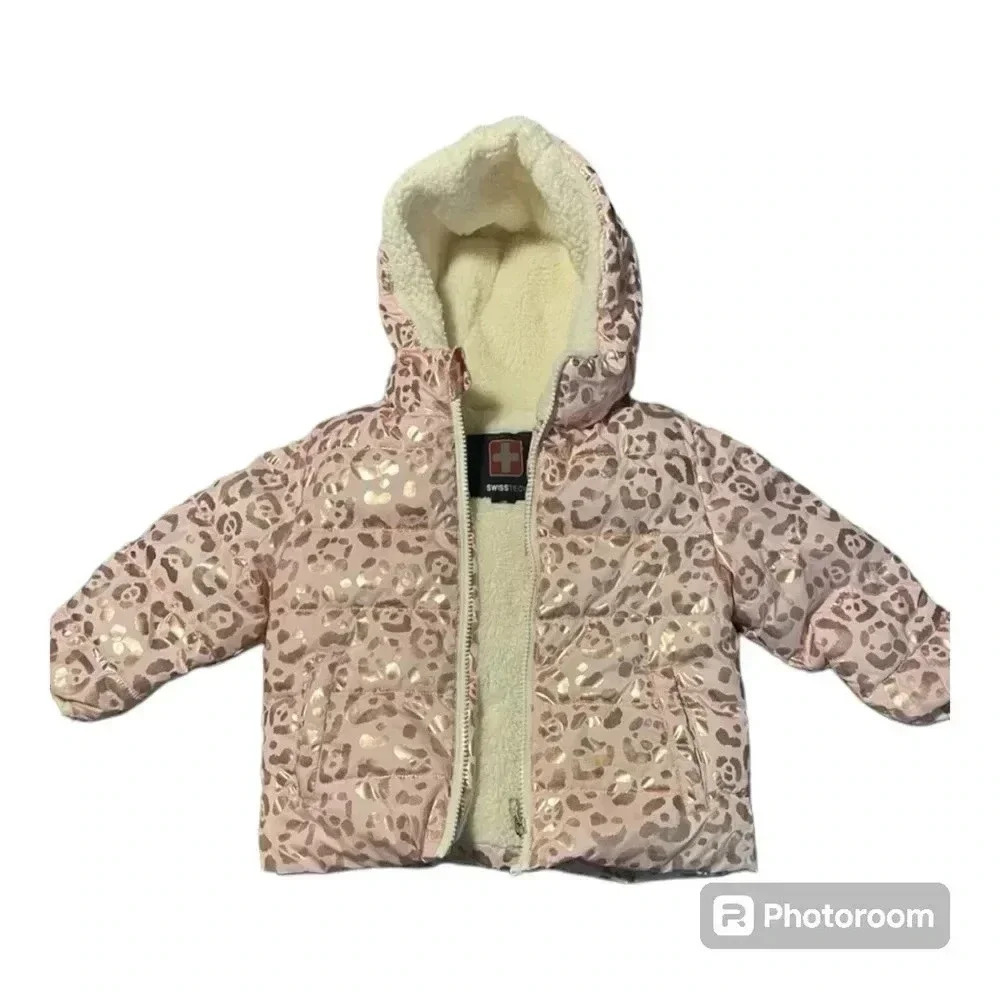 Swiss Tech pink leopard animal print puffer jacket coat size 18 months
